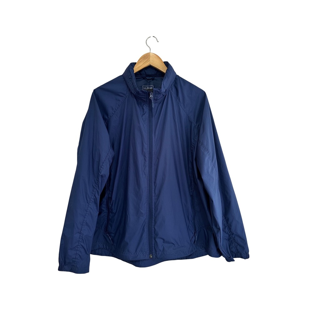 LL Bean Womens Navy Blue Full Zip Windbreaker Jacket Stowaway Hood 2X OGTM4
